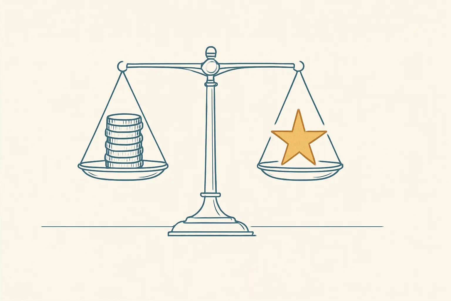 Ilustración: una balanza con monedas en un platillo y una estrella en el otro; gana la estrella.