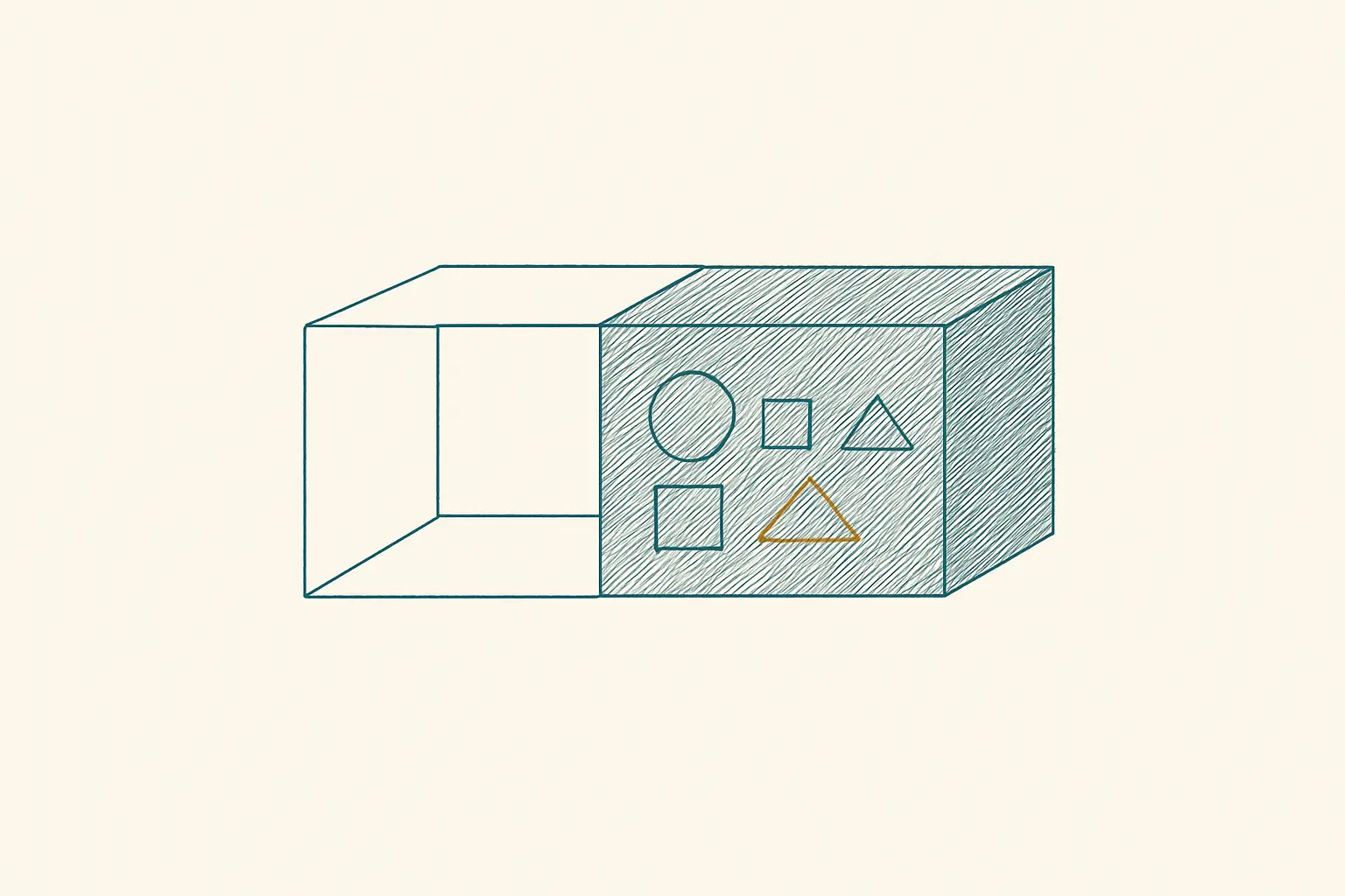 Ilustración: una caja con la mitad izquierda transparente y la derecha opaca, que esconde unas formas.