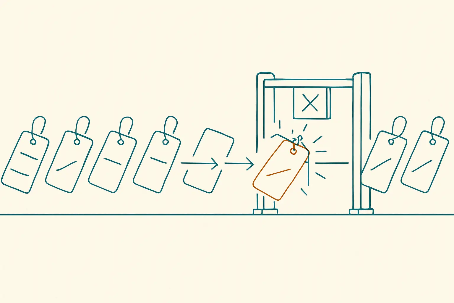 Ilustración: etiquetas que avanzan hacia una puerta; solo pasan las marcadas.